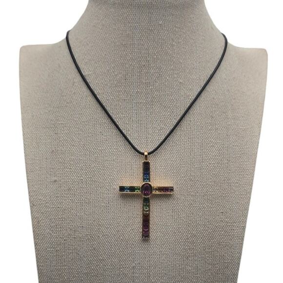 Vintage Rainbow Rhinestone Cross with Rhinestones Vintage Pendant Necklace - Picture 1 of 5